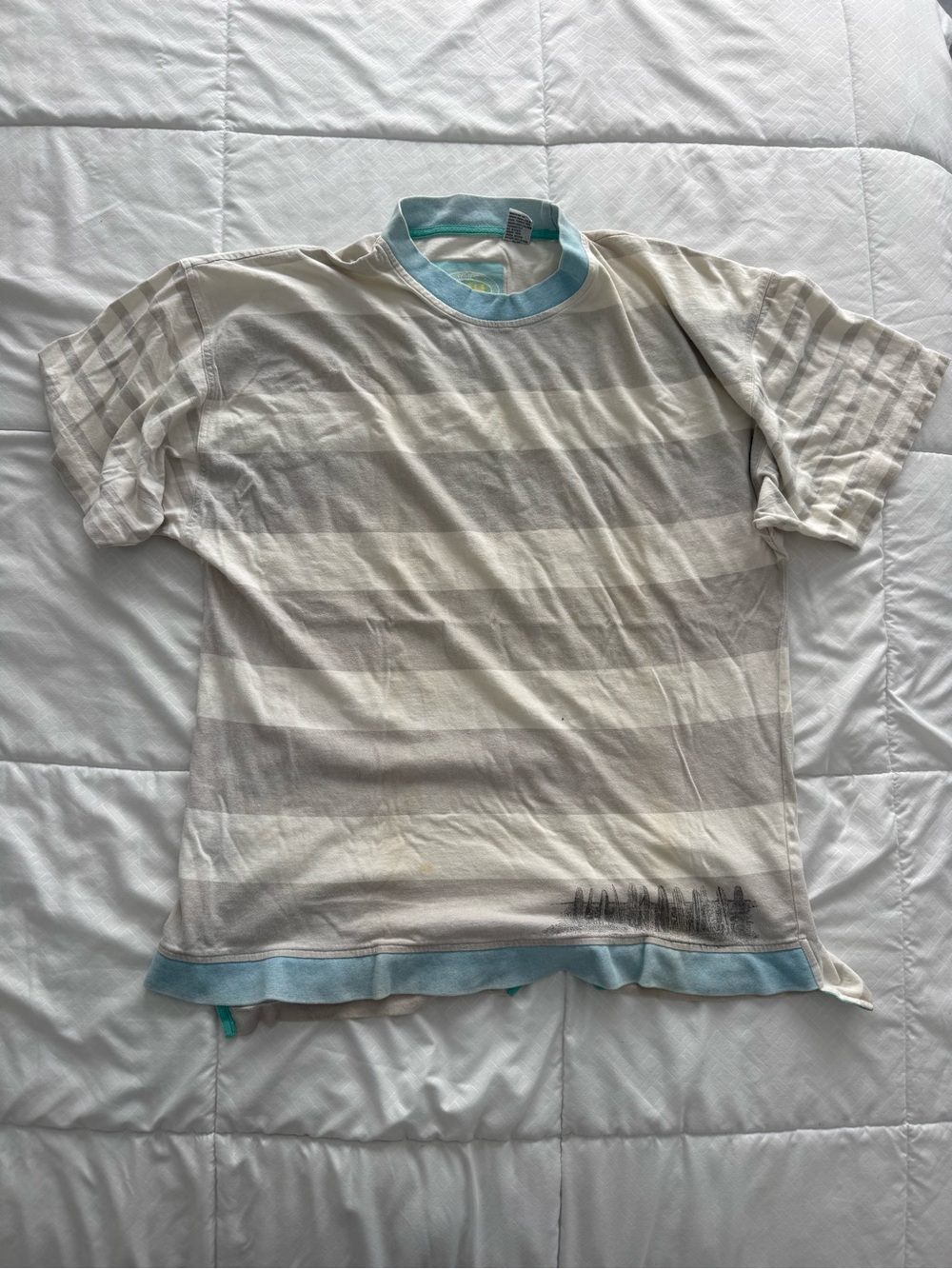 Men's Short Sleeve Striped Tee in Light Gray & Cream with Blue Trim